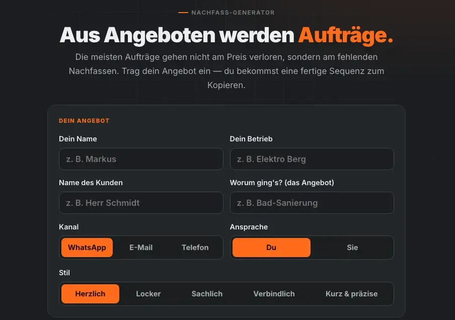 Nachfass-Generator: Angebot eingeben, fertige Nachfass-Sequenz zum Kopieren
